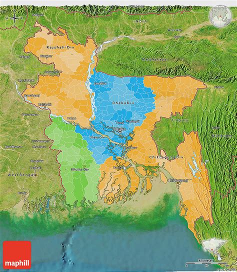 Political 3D Map of Bangladesh, satellite outside