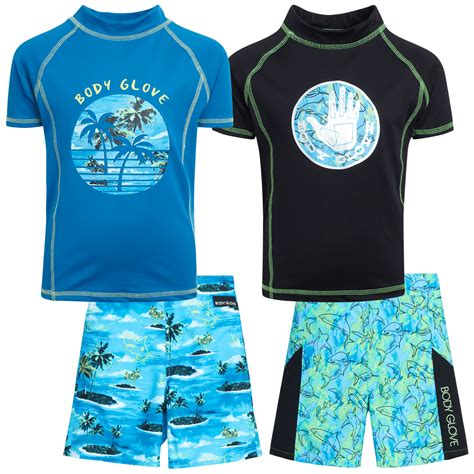 Body Glove Boys' Rash Guard Set - 4 Piece UPF 50+ Short Sleeve Swim Shirt and Bathing Suit ...