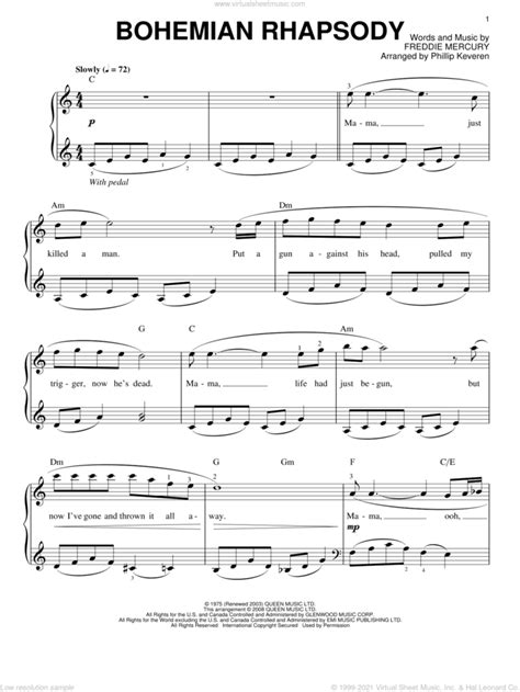 Mercury - Bohemian Rhapsody sheet music for piano solo [PDF]