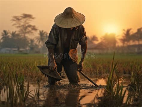 Male Farmer Wearing a Straw Hat Harvesting a Rice Field in a Rural Setting Stock Illustration ...