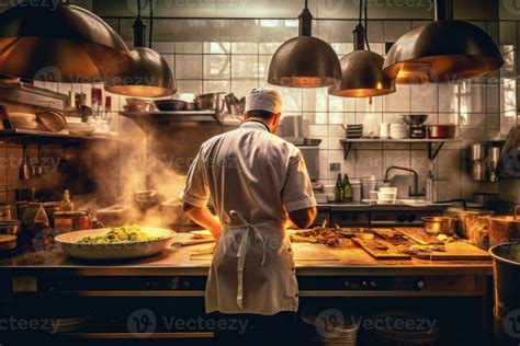 Chef cooking in a busy restaurant kitchen back view. 26914992 Stock Photo at Vecteezy