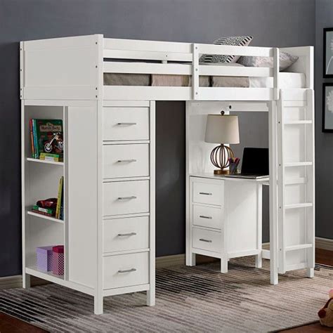 CM-BK970 Cassidy white finish wood twin loft bunk bed with bookcase ...