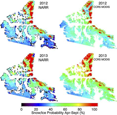 Snow/ice probability maps for April-September 2012 and 2013 derived ...