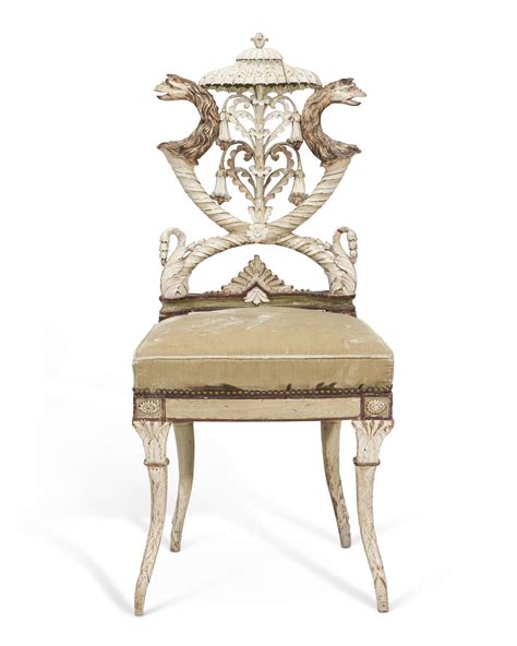 A NORTH ITALIAN CREAM AND POLYCHROME-DECORATED CHAIR, AFTER A DESIGN BY MICHELANGELO PERGOLESI ...