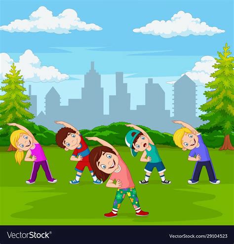 Illustration of Cartoon little kids exercising in green city park ...