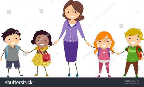 Illustration Of School Kids And Their Teacher Holding Hands - 124454173 : Shutterstock