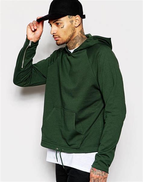 ASOS Oversized Cropped Hoodie With Drawstring & Zips In Green at asos.com