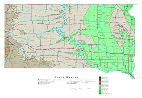 Large detailed elevation map of South Dakota state with roads, highways ...