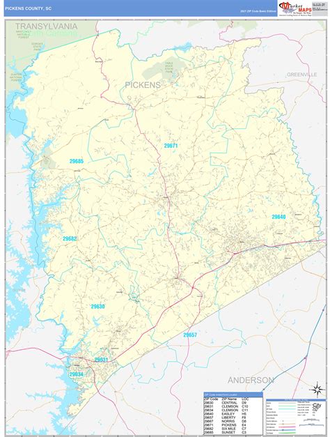 Pickens County, SC Zip Code Wall Map Basic Style by MarketMAPS - MapSales