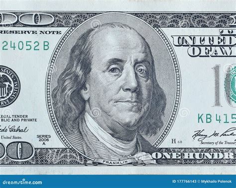 Portrait of US President Benjamin Franklin on 100 Dollars Banknote ...