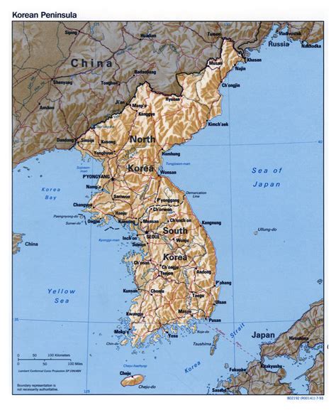 Large detailed political map of Korean Peninsula with relief, roads, railroads and major cities ...