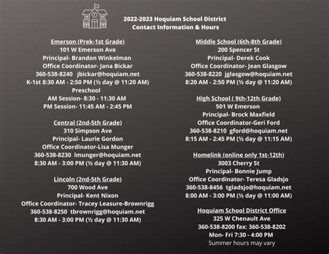 22-23 School Hours and Contact Info | Hoquiam School District No. 28