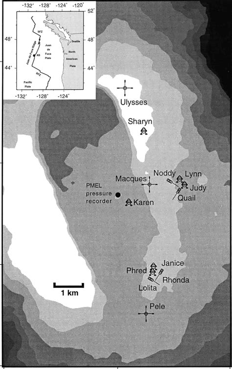 Map of the summit of Axial Seamount showing deployment locations for ...