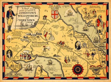 Map of Virginia 1607–1930 with Williamsburg, Jamestown, Yorktown