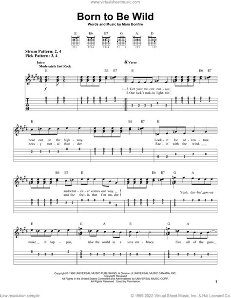 Born To Be Wild sheet music (easy) for guitar solo (easy tablature)