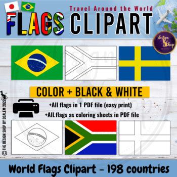 Flags Of The World Clipart and Coloring Sheets Colors Black White 198 Countries