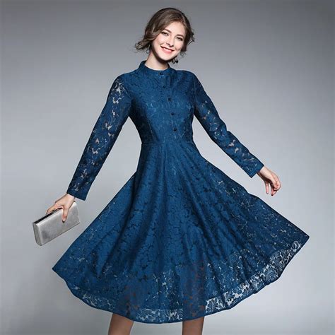 Vintage Blue Lace Dresses Women 2018 Autumn Long Sleeves Stand Collar Dress Feminino Hollow Out ...