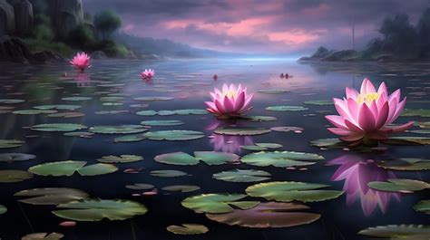 The reflection of a tranquil lotus pond under a moonlight | Premium AI-generated image