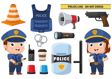 Premium Vector | Cute police officer with elements equipment collection