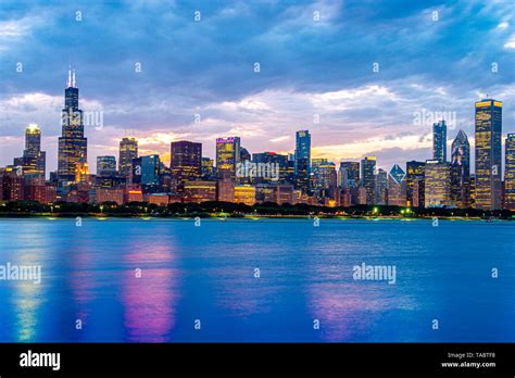 Chicago Skyline seen from the Adler Planetarium during sunset on a hot ...