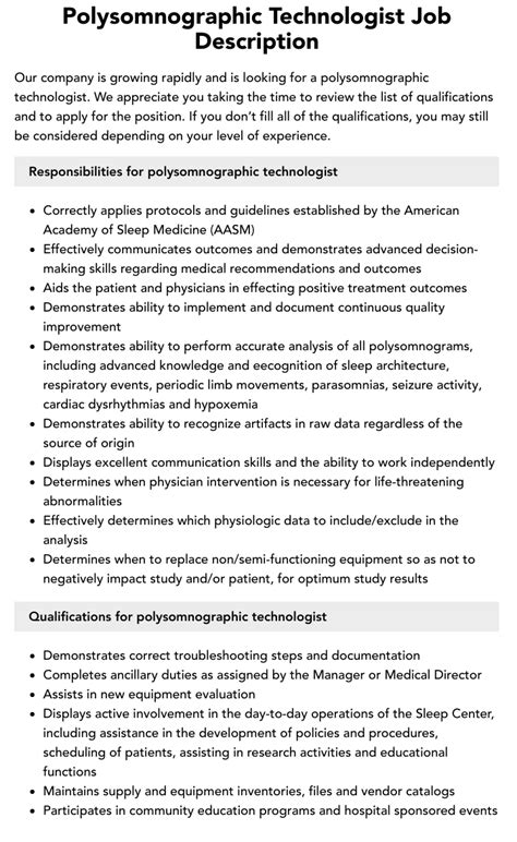 Polysomnographic Technologist Job Description | Velvet Jobs