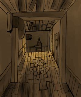 a drawing of a hallway with boxes on the floor and a light at the end
