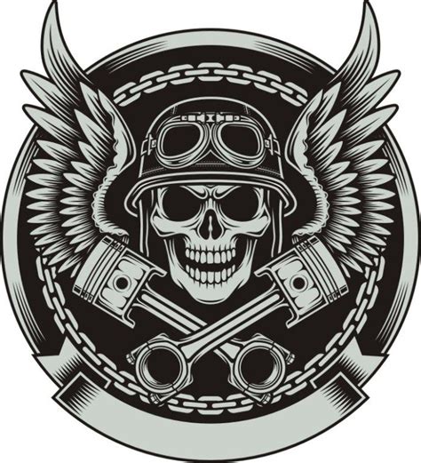 Vintage Biker Skull with Wings and Pistons Emblem | Vintage biker ...