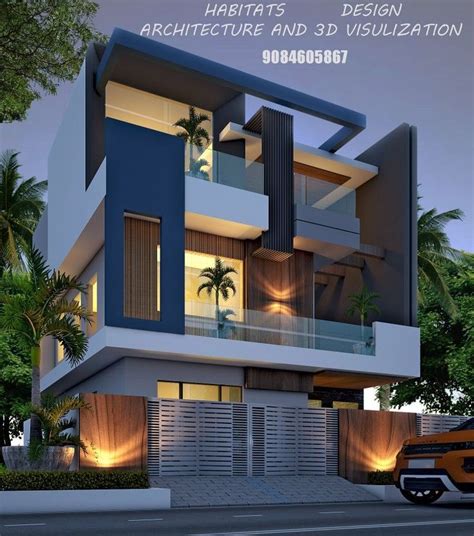 an architectural and 3d visual rendering of a modern house with palm trees in the background