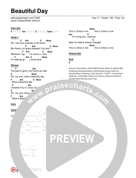 Beautiful Day Chords PDF (Jesus Culture / Derek Johnson) - PraiseCharts