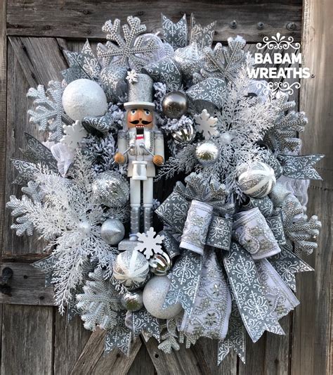 Nutcracker, White Silver Christmas, Nutcracker Wreath, Christmas Wreath, Holiday Wreath ...