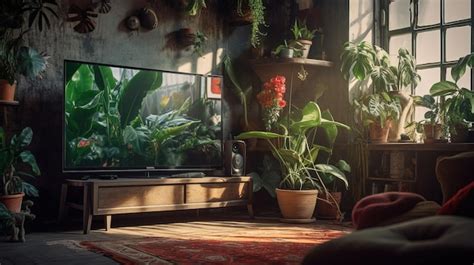 Premium AI Image | A living room with a tv and plants on the wall.