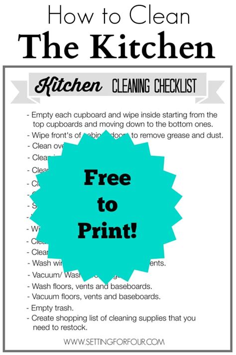 Kitchen Cleaning Checklist Free Printable - Setting for Four