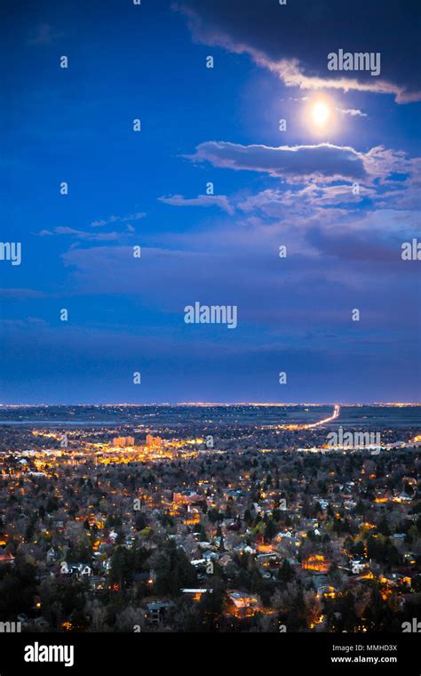 Beautiful Boulder Colorado seen at night from above with many lights ...