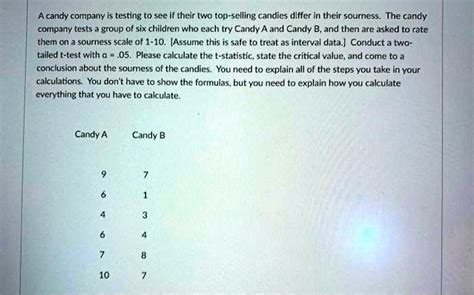 SOLVED: A candy company is testing to see if their two top-selling candies differ in their ...