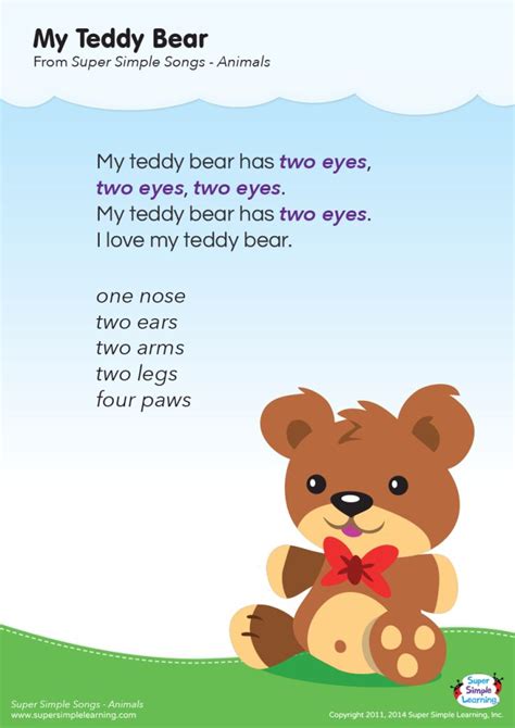 My Teddy Bear Lyrics Poster - Super Simple | Bear theme preschool ...