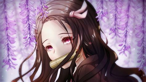 Demon Slayer Long Hair Nezuko Kamado With Backgorund Of Purple Flowers 4K 5K HD Anime Wallpapers ...