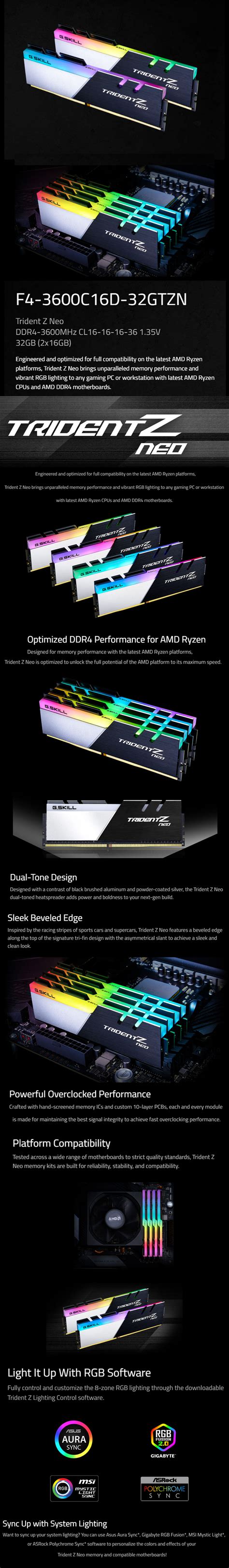 G.SKILL Trident Z Neo 32GB (2x16GB) DDR4-3600MHz F4-3600C18D-32GTZN RGB Memory Kit | VillMan ...