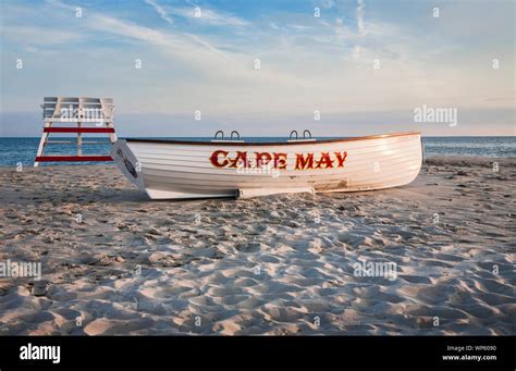 Cape May lifeguard row boat on the beach, Cape May County, New Jersey, USA, US, beach scenes ...