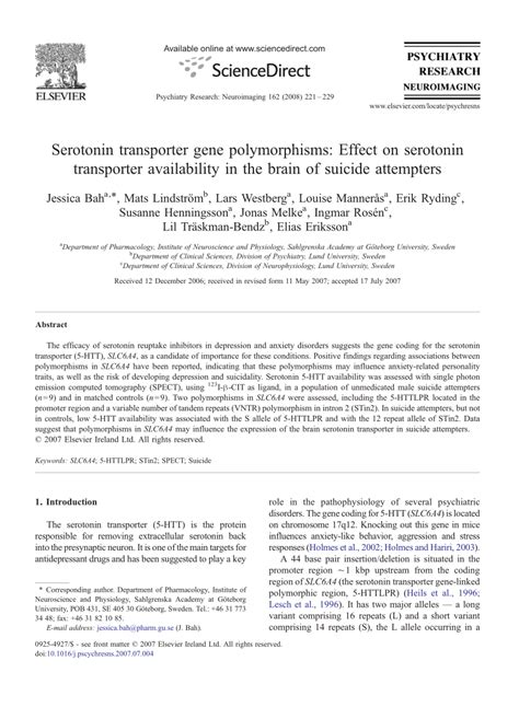 (PDF) Serotonin transporter gene polymorphisms: Effect on serotonin transporter availability in ...