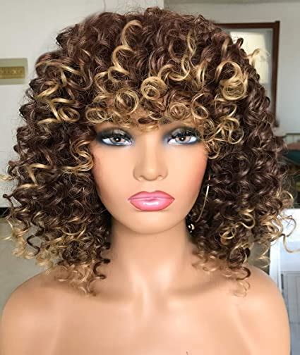 Amazon.com : PRETTIEST Afro curly Wigs Black with Warm Brown Highlights Wigs with Bangs for ...