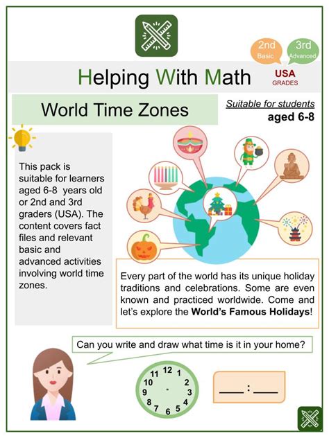 World Time Zones Themed Math Worksheets | Aged 6-8 Years