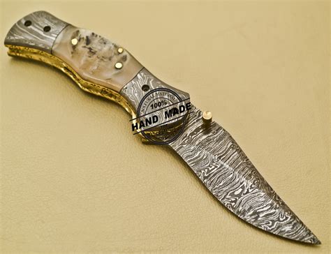 Custom Handmade Damascus Steel Pocket Folding Knife With Sheep