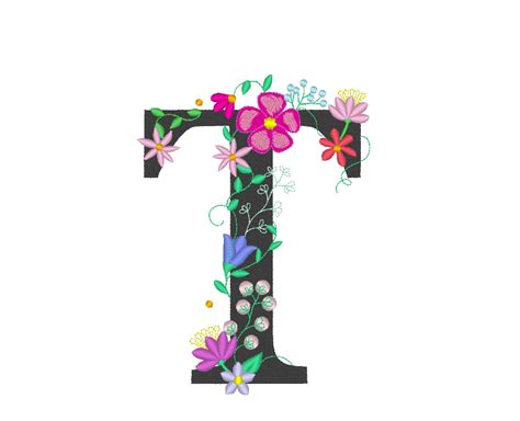 Floral letter T garden flag monogram lace swirl flowers block font and mini Font machine ...