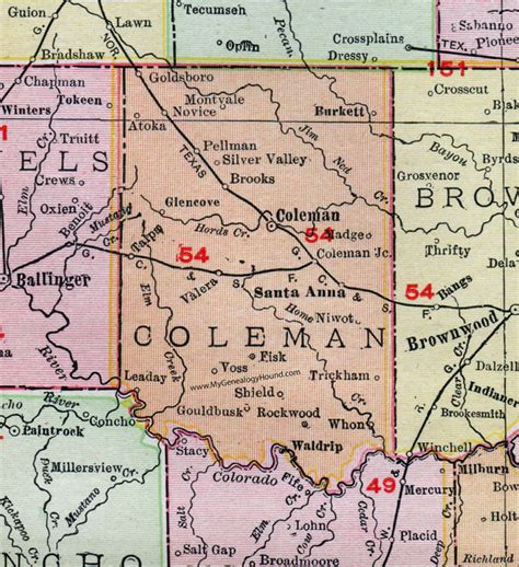 Coleman County, Texas, Map, 1911, Coleman City, Santa Anna, Novice ...