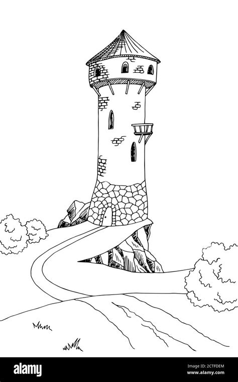 Old tower graphic art black white landscape sketch illustration vector ...