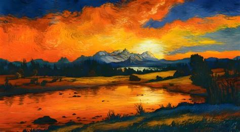 1400x400 Resolution Sunset over Tranquil Mountain Lake Beautiful Landscape Digital Painting ...