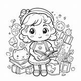 Linda Chica Leyendo Un Libro Para Colorear Página Con El Gato En él  sketch template