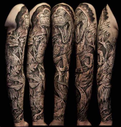 The detail in this complete sleeve dinosaur tattoo is hallucinating, almost is if it had been p ...