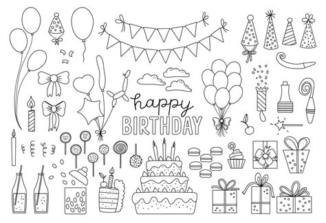 Set of cute black and white Birthday design elements. Party celebration ...