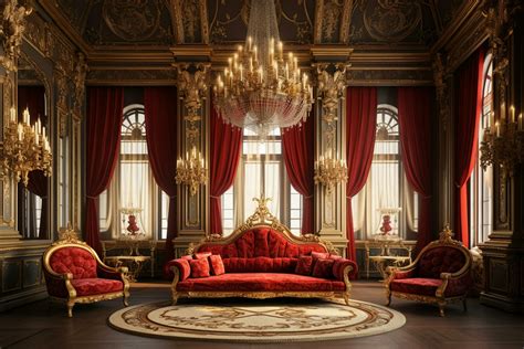 Luxury royal interior of royal palace with red velvet sofa and gold ...